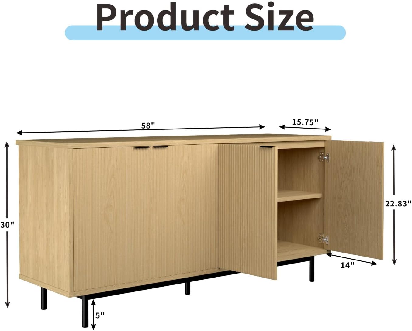 MUUEGM Buffet Cabinet with Storage, 58" Fluted Sideboard Kitchen Storage Cabinets with Shelves and 4 Doors, Modern Wood buffets & Sideboards for Dinging Room, Living Room, Natural Storage Cabinet