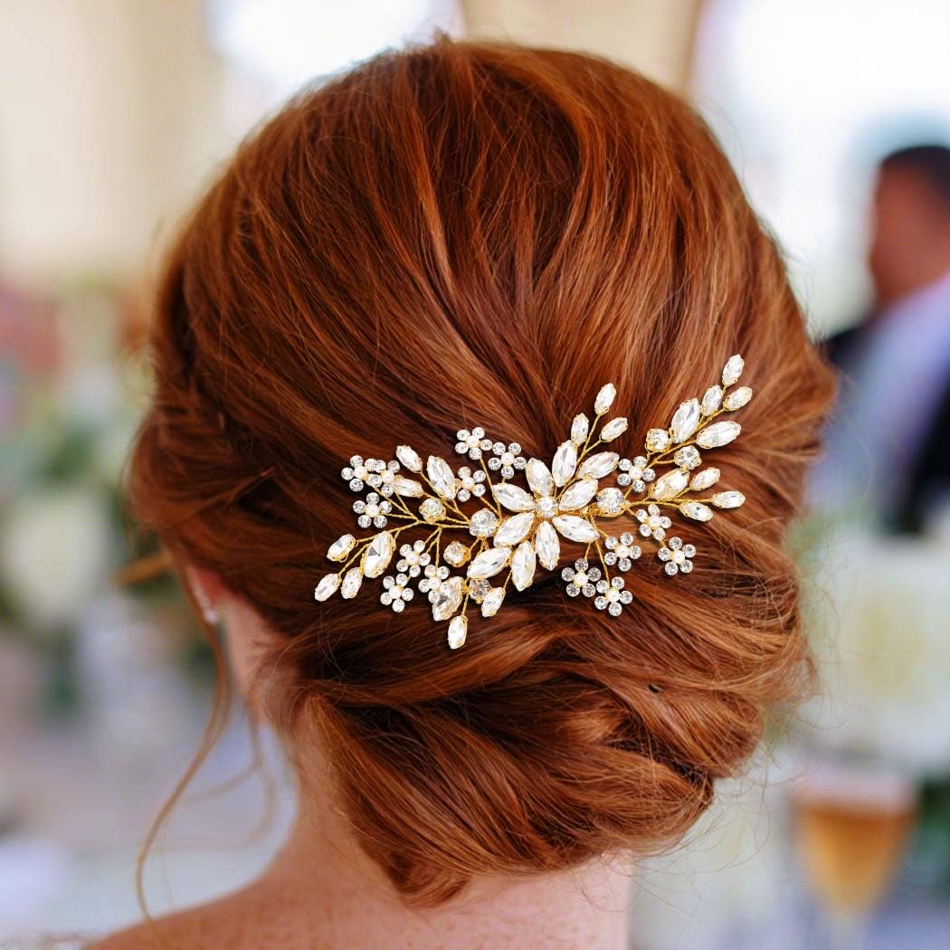 Catery Flower Crystal Bride Wedding Hair Comb Hair Accessories with Pearl Bridal Side Combs Headpiece for Women (Gold) - Image 2