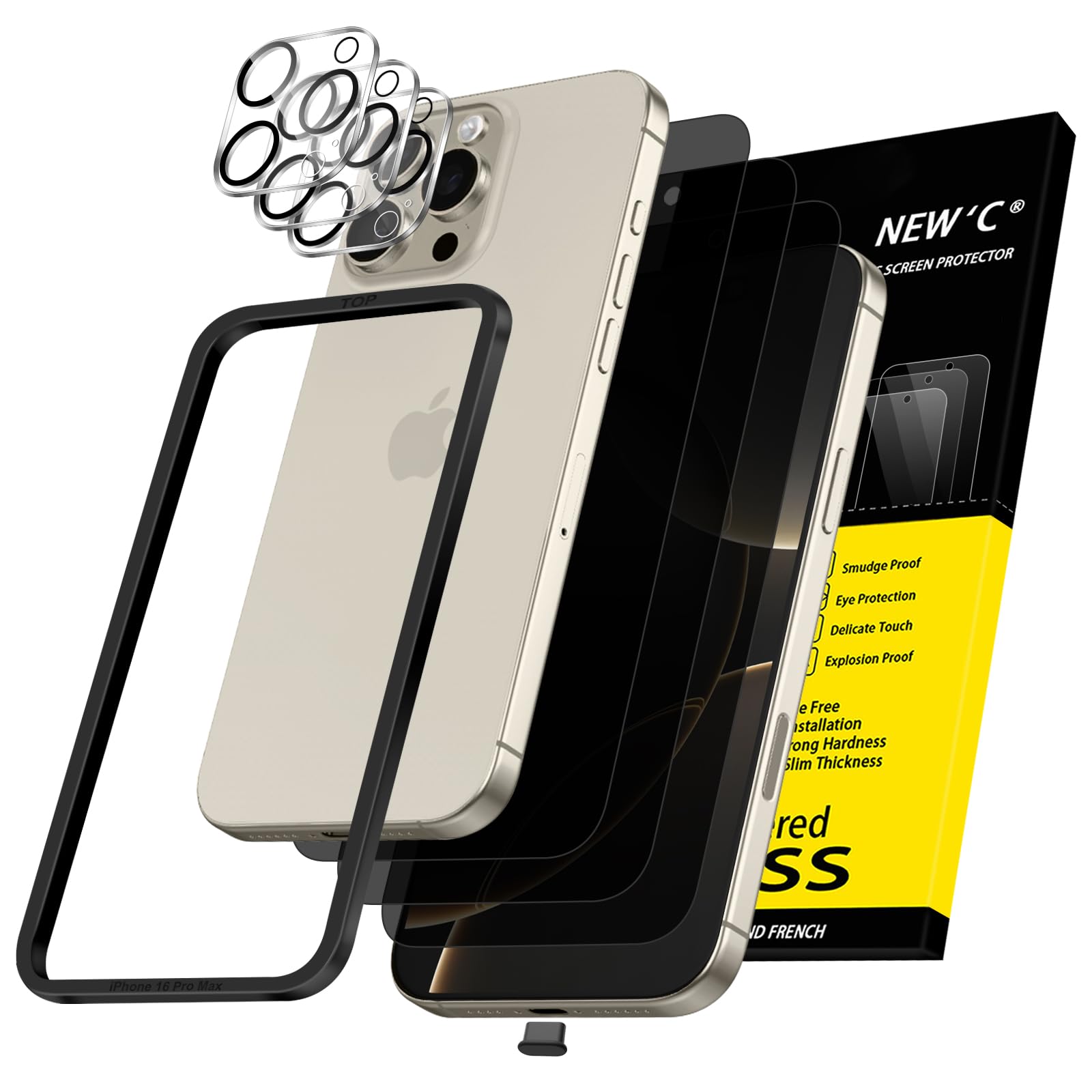 NEW'C 3x Privacy Screen Protector for iPhone 16 Pro Max (6.9 inches)+ 3x Camera Lens Protector, Sensor Protection, Case Friendly Tempered Glass Film + Dust Plug - Easy installation tool included