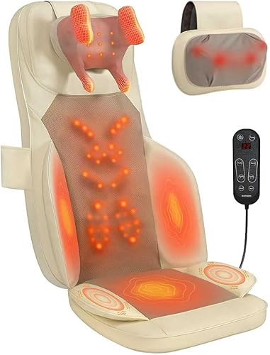 Shiatsu - Cojín de masaje de cuello y espalda con calor, amasado 4D, vibración y diseño de doble cuello, intensidad y altura ajustables, ayuda con