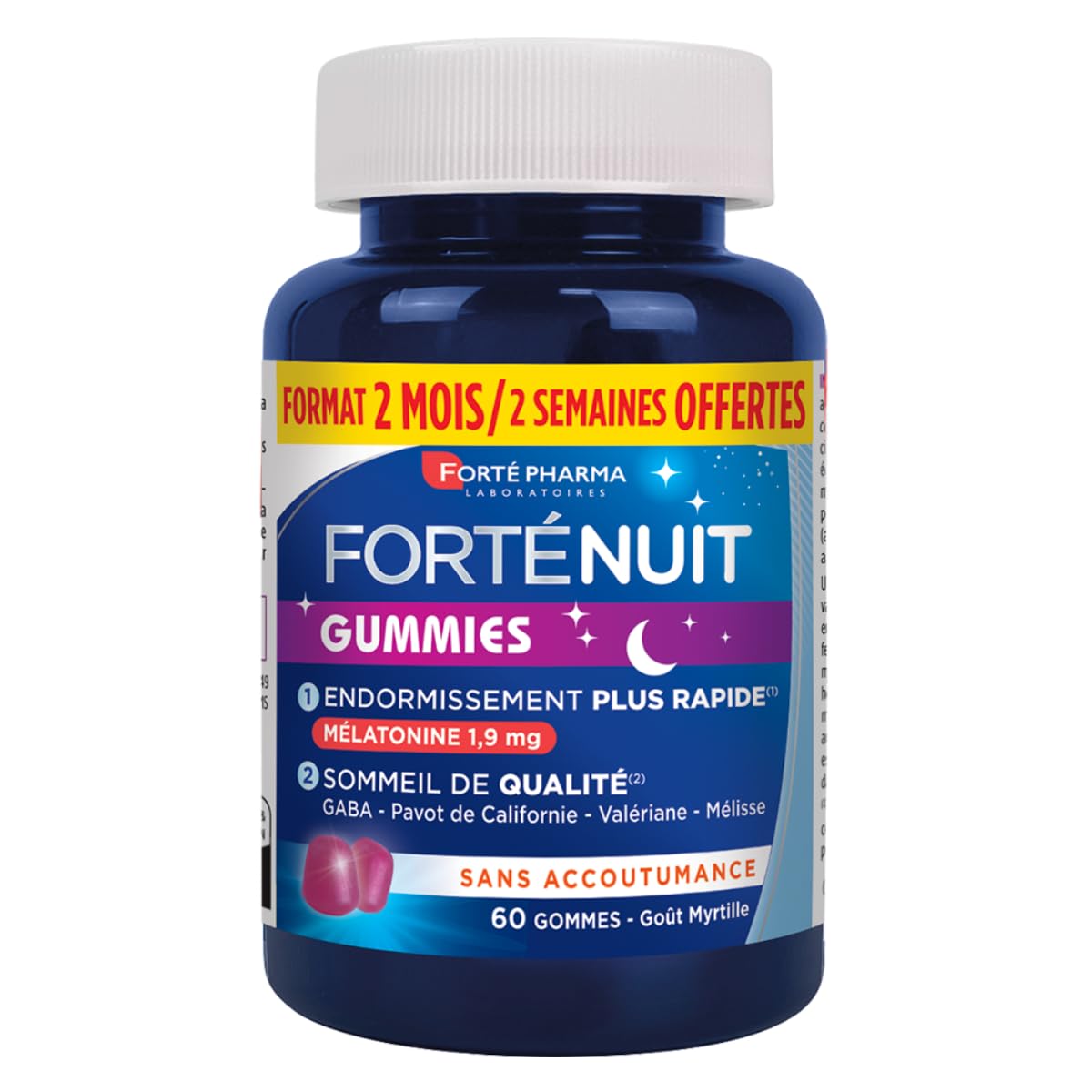 Forté Pharma - FortéNuit Gummies - 1,​9 mg de Mélatonine et Plantes, GABA - Douce nuit - Complement Alimentaire Sommeil – Endormissement rapide & Sommeil de Qualité favorisés - 60 gommes, 2 mois