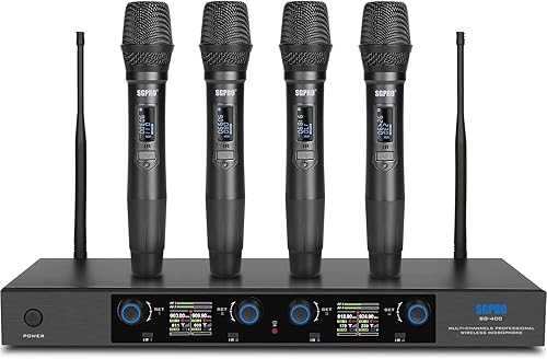 Sistema de micrófono inalámbrico de 4 manos con 65 canales UHF cada uno, rango de 262 pies, control de volumen, bloqueo automático, función de