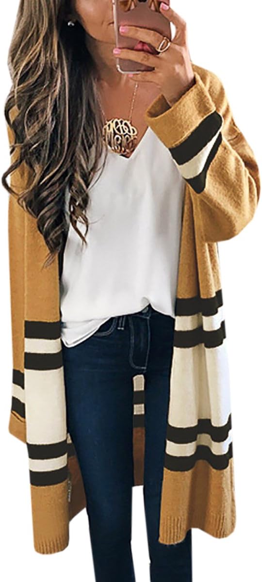Womens Long Cardigans Yellow Color Block Open Front Long Sleeve Kint Cardigan Sweaters By SUNMMWERY,Yellow,X-Large