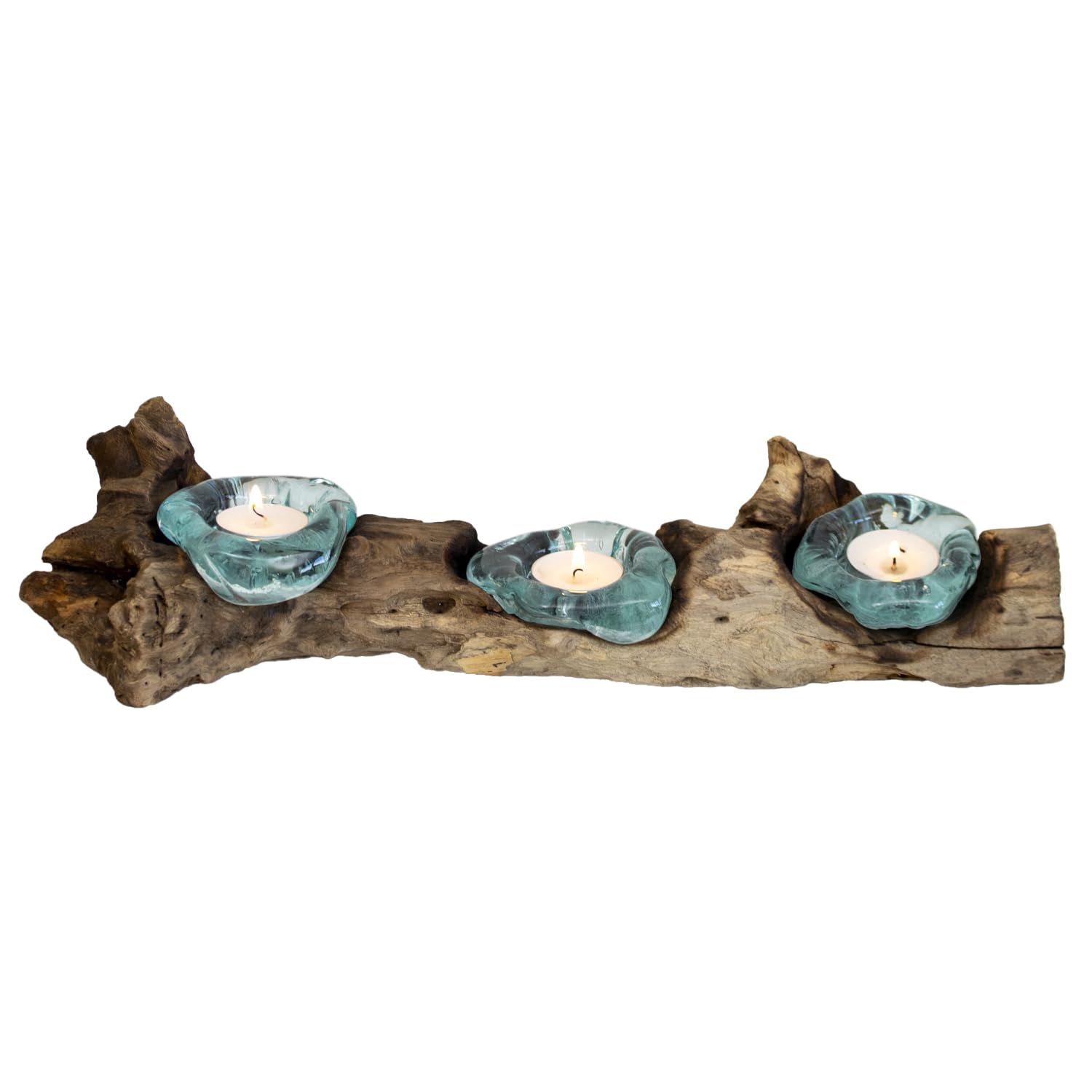 Rustic Teak Root and Molten Glass Candle Holder, Triple Tealight Display, Brown and Aqua, 45cm x 15cm x 35cm, Indoor Decor
