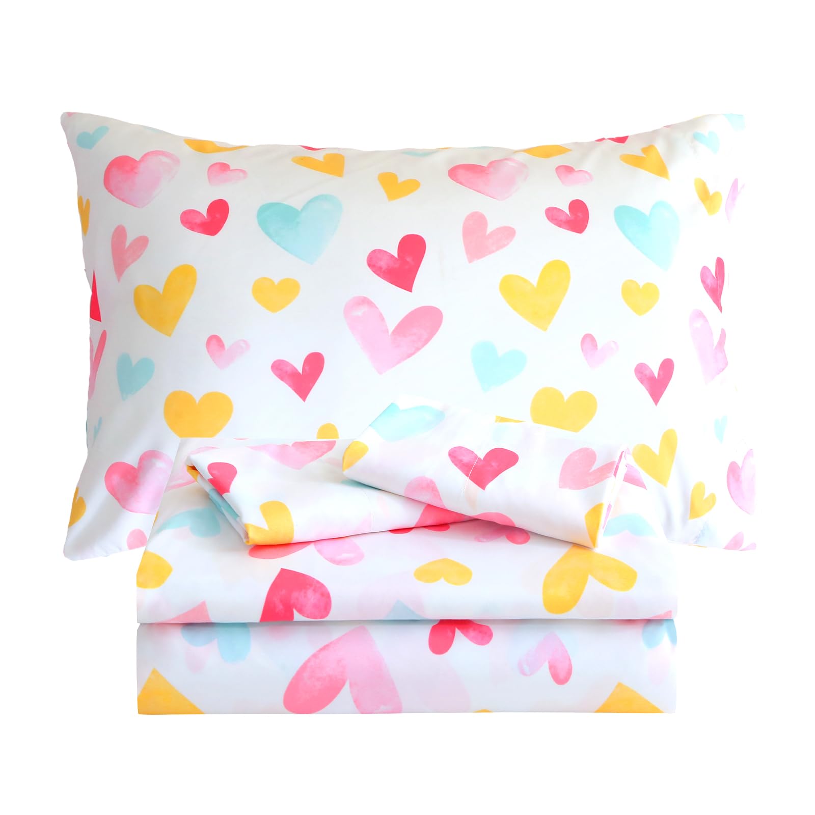 Kids Sheet Set Heart Queen Size Bedsheet for Girls 4PCS Colorful Love Printed Microfiber Soft Breathable Children Bedding