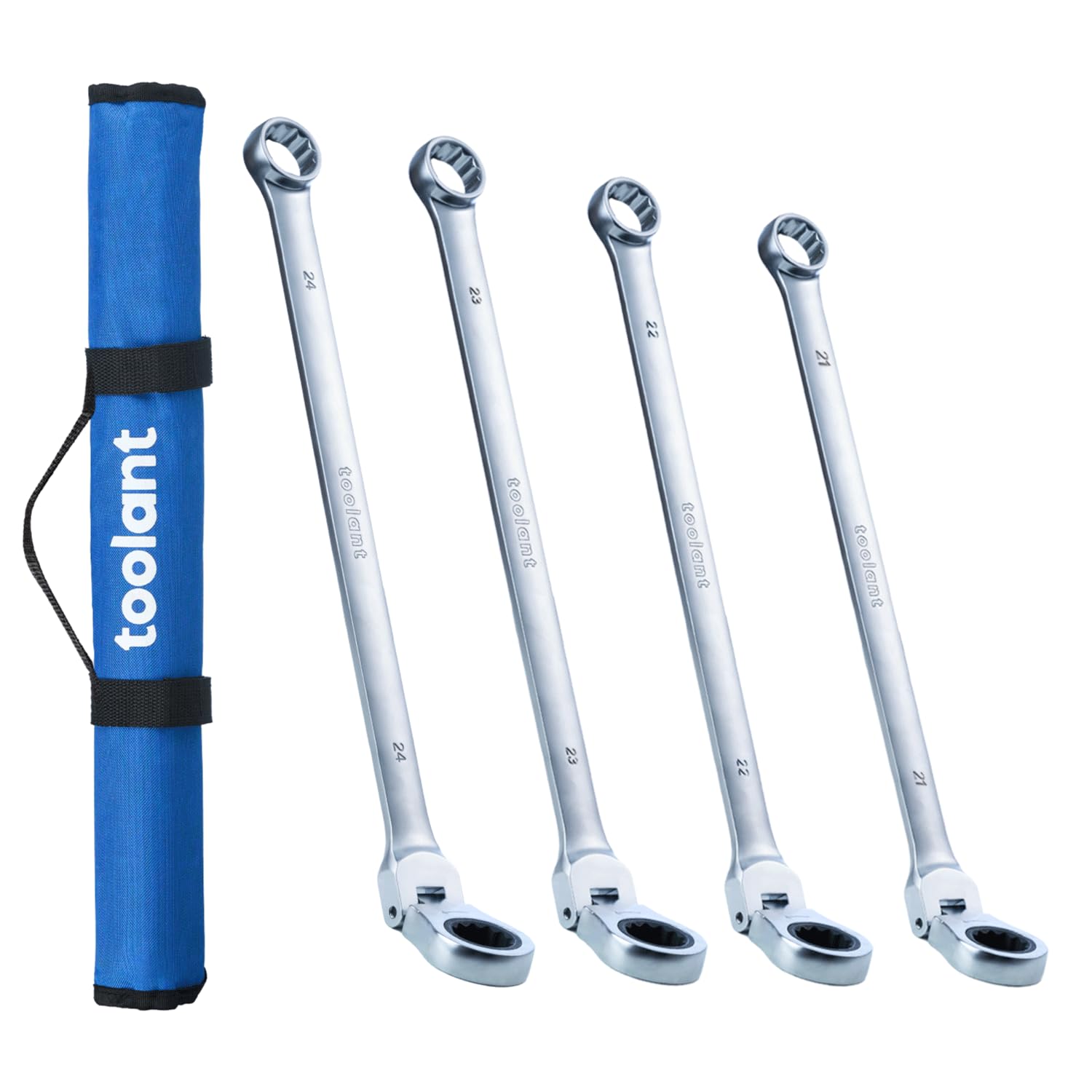 toolant 4PCS Extra Long Ratcheting Wrench Set, Gift for Men, Flex Head & Fixed Offset Head Double Box End Combination Wrench Set, CR-V Steel, Metric