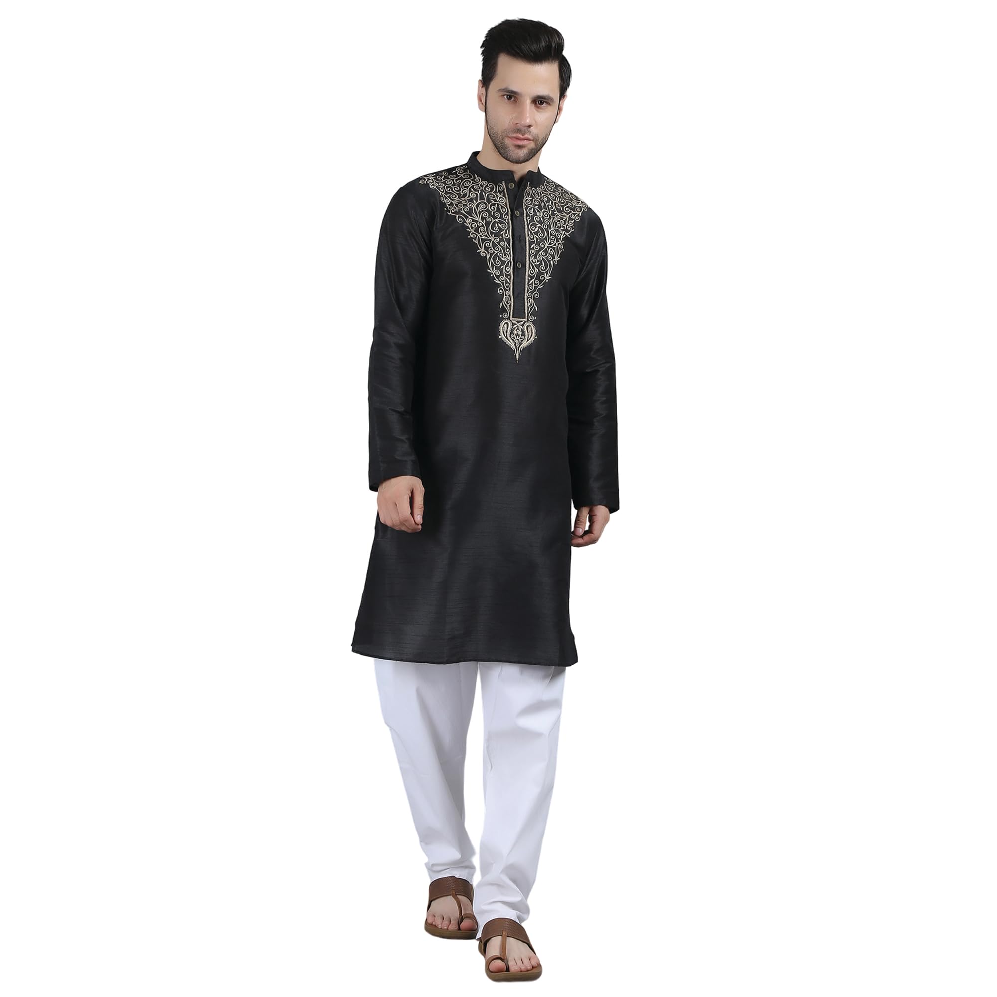 Men’s Black Polycotton Full Sleeve Textured Long Kurta | Floral Embroidered Yoke Regular Fit | Mandarin Collar & Button Closure | Knee Length-image-30