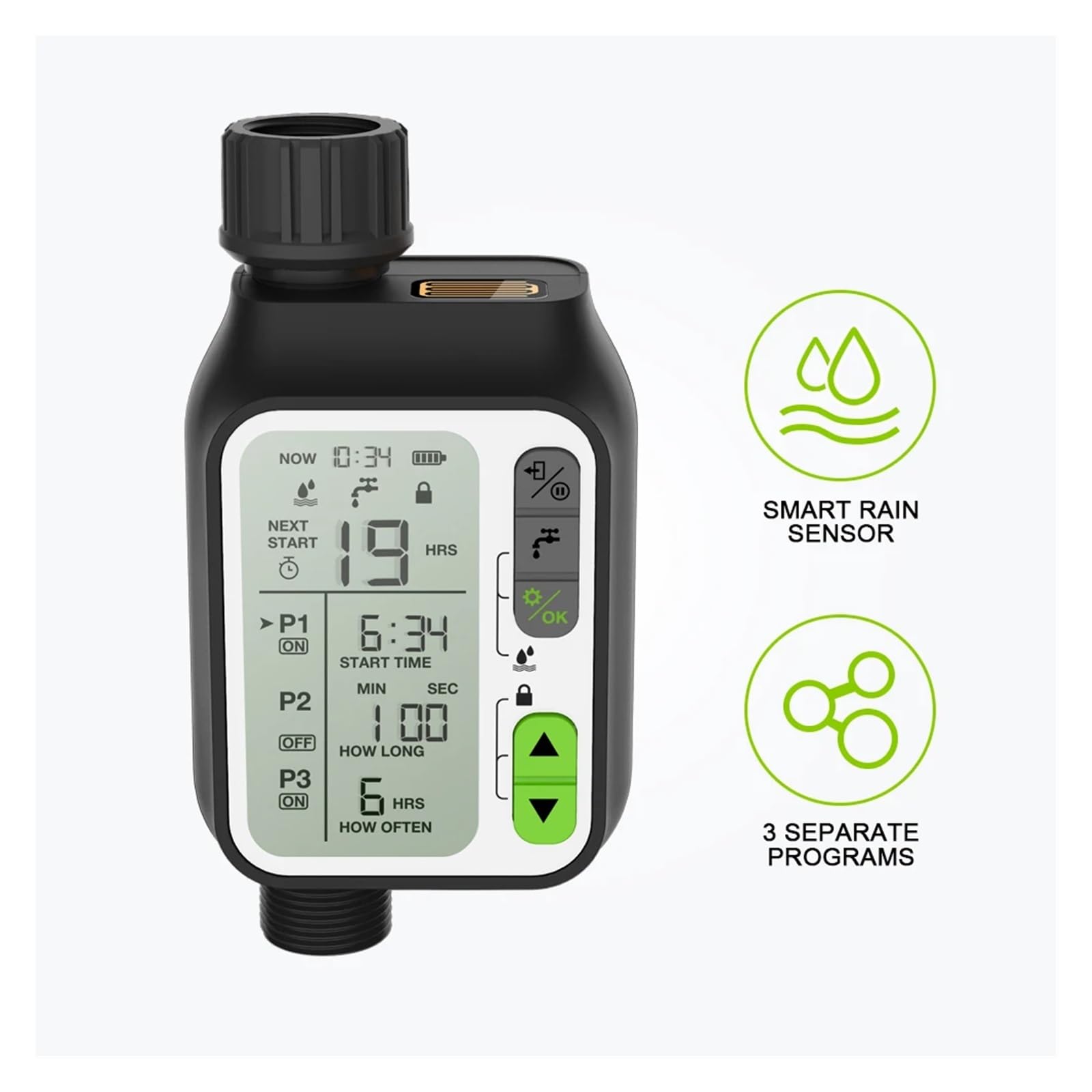 Progettazione professionale di irrigatori da giardino esterni con sensore di acqua piovana, timer elettronico for l'irrigazione domestica(POP3-HCT-355-BS)