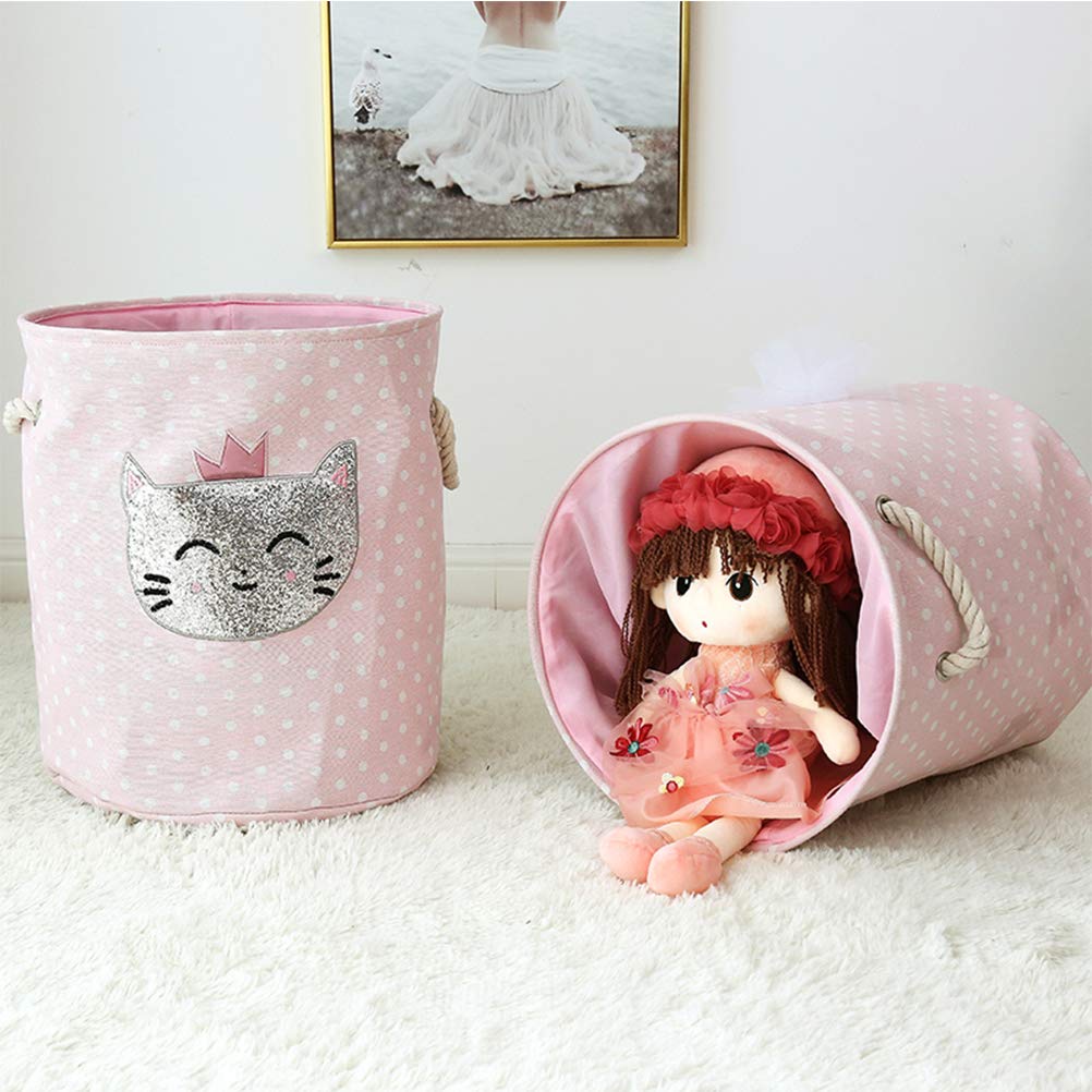 Panier De Rangement Pliable Znvmi – Motif Chat à Pois Roses, Dimensions 35x40 Cm, En Toile Avec Armature EVA – Pour Jouets, Linge, Chambre D’enfant - 4