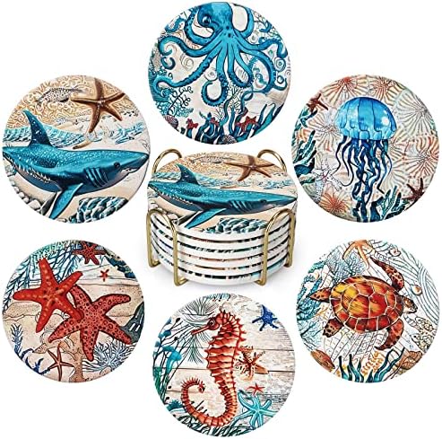 6 Pcs Round Absorbent Ceramic Coasters with Holder Best Seaside Ocean Life Coasters Beach Themed Drink Coasters Set Modern Decorative Coffee Table Coasters Cup Beverage Bar Coasters