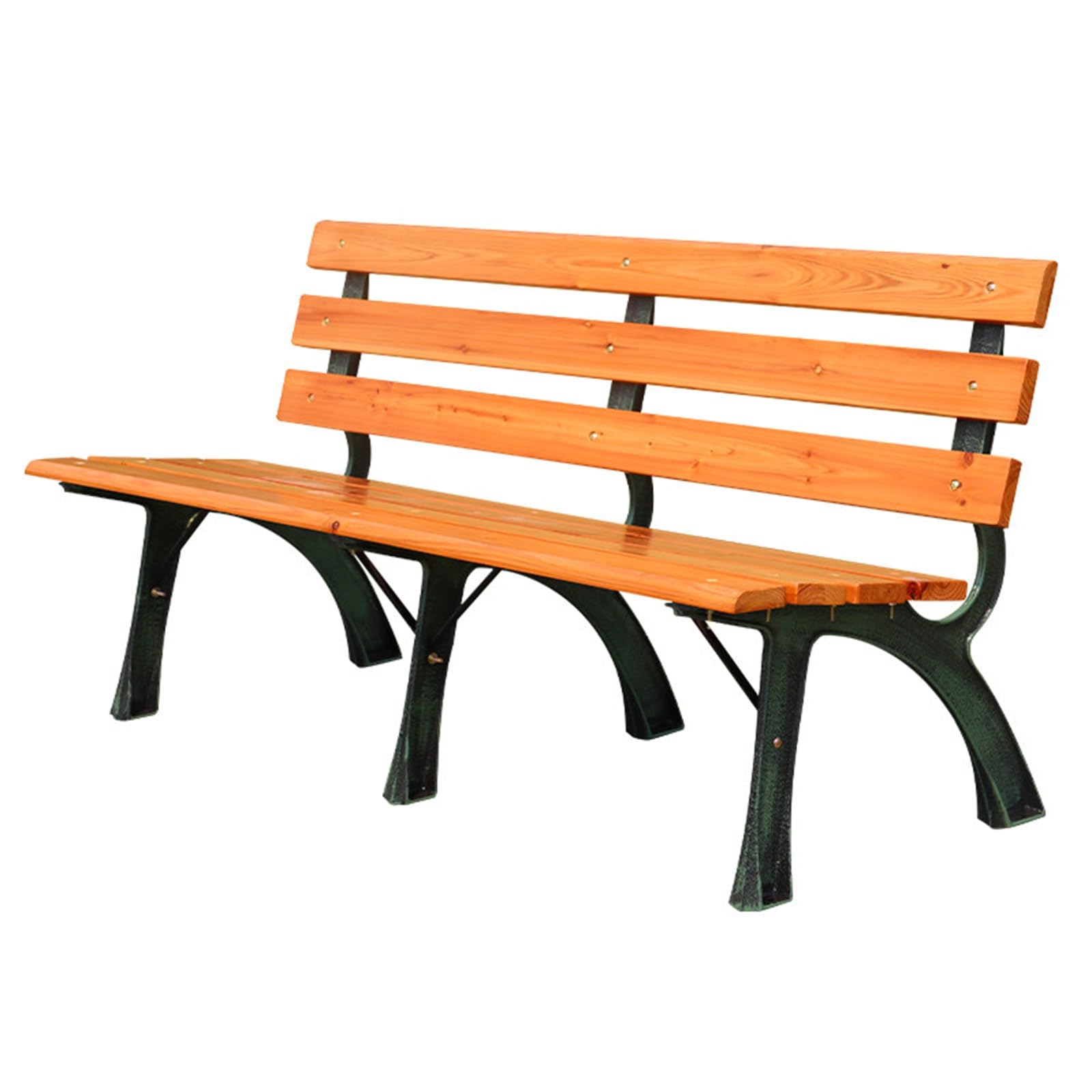 Metalowa ławka na zewnątrz, 150 cm, ławka ogrodowa z grubymi listwami z litego drewna i odporną na warunki atmosferyczne żeliwną ramą, idealna do parków, ogrodów i użytku komercyjnego (z oparciem)