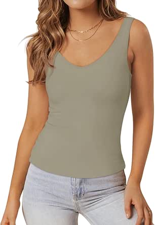PINKMSTYLE Women's Double Lined V-Neck Tank Top - Basic Fitted Sleeveless Shirt For Summer