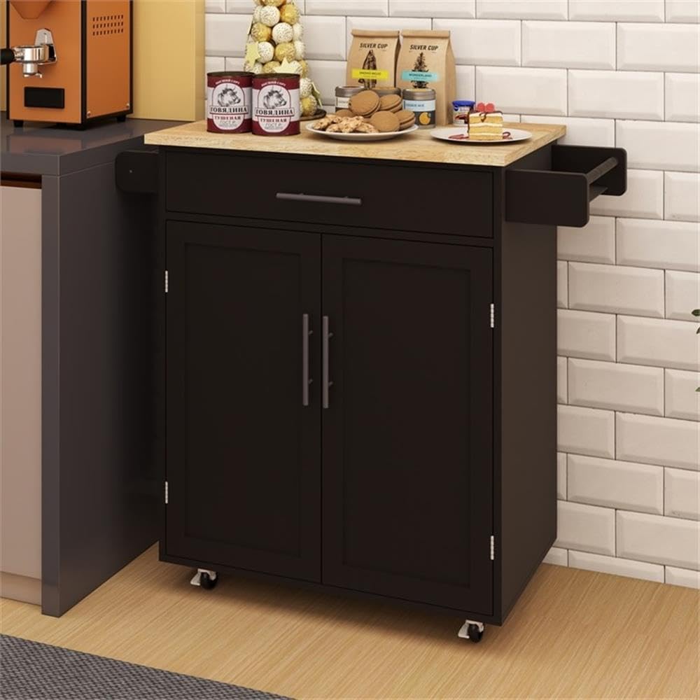 Pemberly Row Compact Rolling Kitchen Island, Black Finish, Drop-Leaf Wood Countertop, Storage Cabinet and Drawer, Side Rack, Locking Casters, Space-Saving Design for Small Kitchens or Apartments
