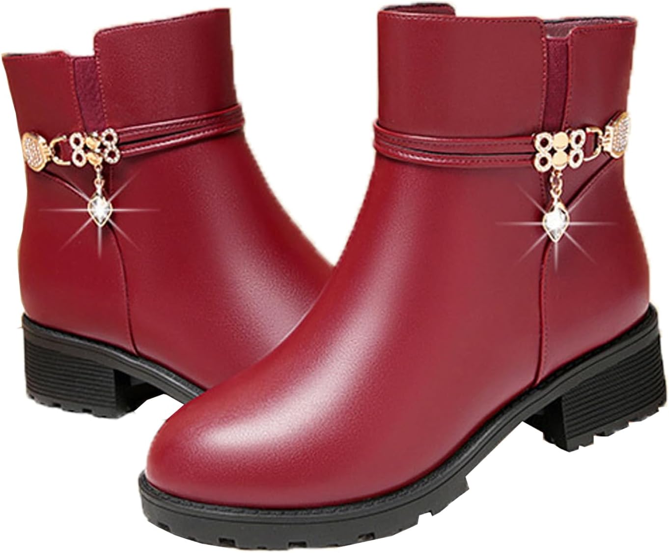 Women'S Leather Low Block Heel Booties Fashion Round Toe Rhinestones Warm Fully Fur Lined Side Zipper Platform Snow Boots