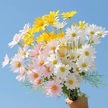 NatureMan Artificial Flowers 12 Bundles Artificial Silk Daisy UV Resistant Outdoor Fake Wildflowers with Stems Daisy Arrangements for Home Hotel Office Garden Decoration White, Yellow, Pink