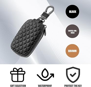 Car Key Case, Car Key Cover, Leather Auto Ramote Smart Keychain Holder with Metal Hook, Universal Automotive Accessories Vehicle Keyring Zipper Bag for Women and Men (Black)