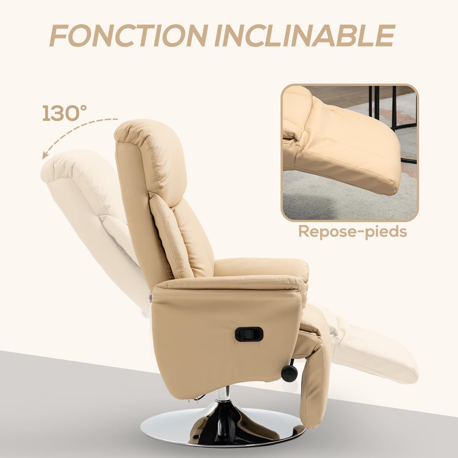 HOMCOM Fauteuil de Relaxation Fauteuil Relax de Salon inclinable pivotant Repose-Pied réglable accoudoirs, Chaise TV en Cuir synthétique, jusqu'à 150 kg, pour Salon, Chambre, Home cinéma, Beige