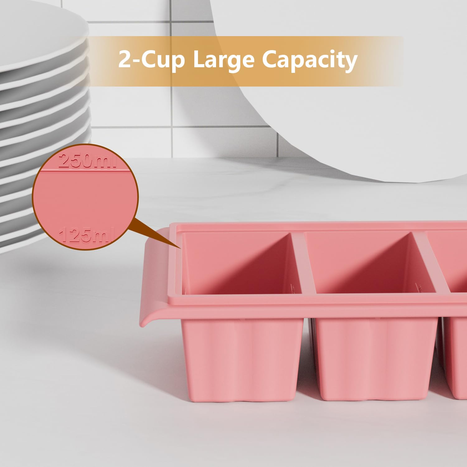 Extra große Silikon-Eiswürfelform mit Deckel, 2 Superwürfel, Gefrierformen, für 8 perfekte 1-Tassen-Eiswürfel (Rosa), ideal für Smoothies und Cocktails