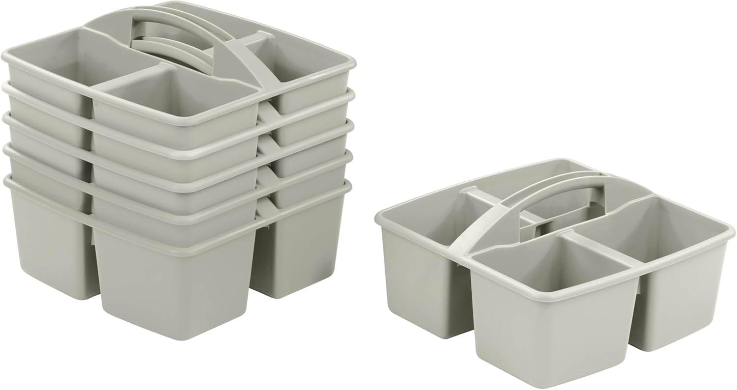 ECR4Kids 4-Compartment Medium Plastic Caddy, Multipurpose Organization, Grey, 6-Pack