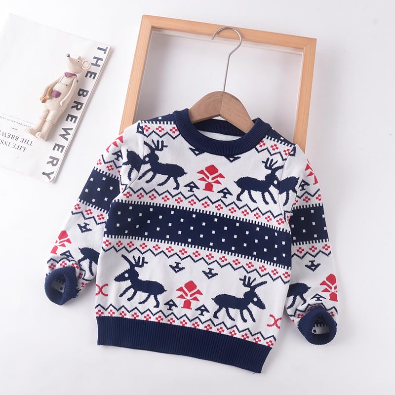 Children's Christmas Sweater Boy's Sweater Children's Knit Crew Neck Sweatshirt 3-11 Y (US, Age, 4 Years, Navy Blue Classic Reindeer)3