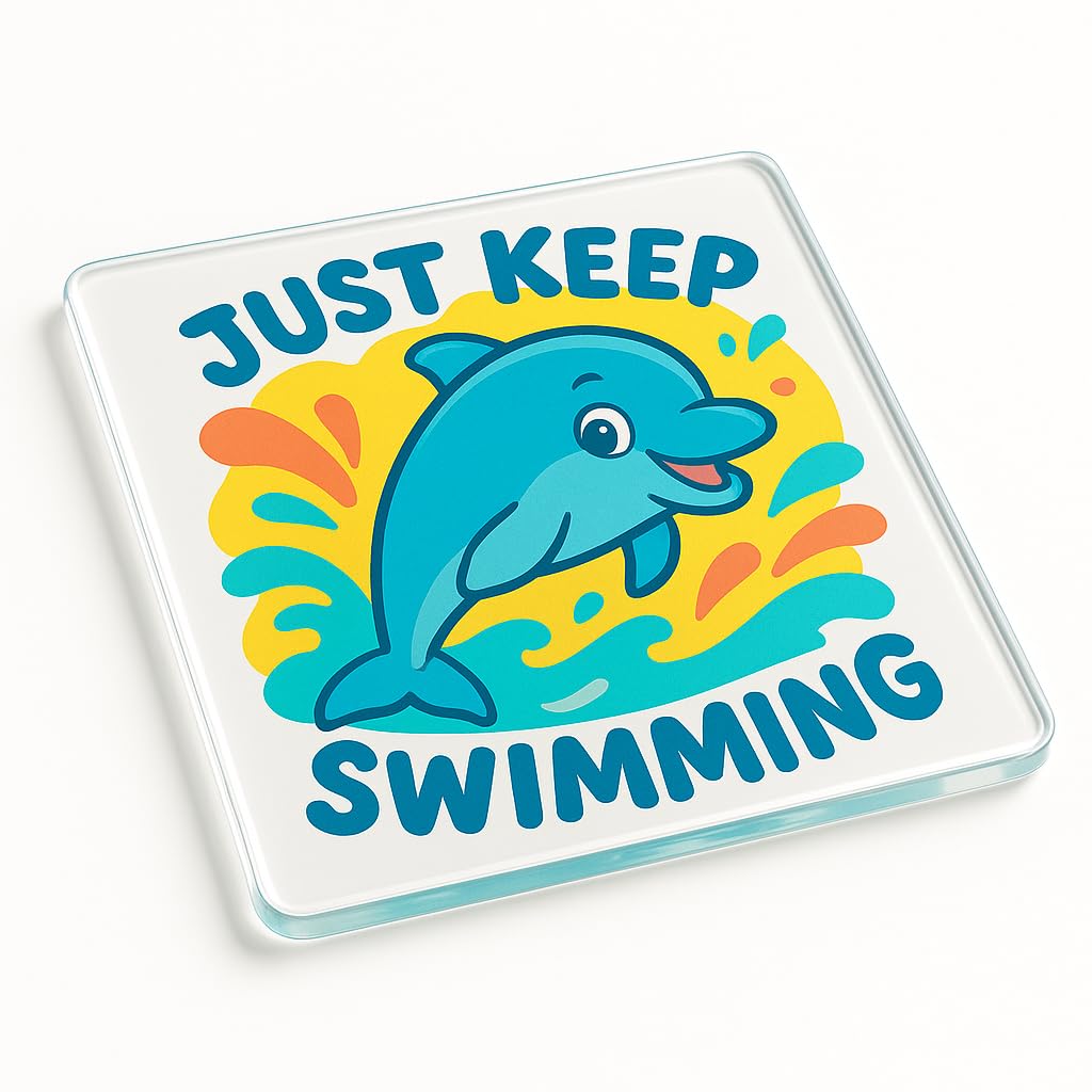The Plum Penguin Dolphin Splash Joy Cheerful Acrylic Coaster Gift - Cartoon Dolphin Design Drinkware Novelty Present For Home Office Decor