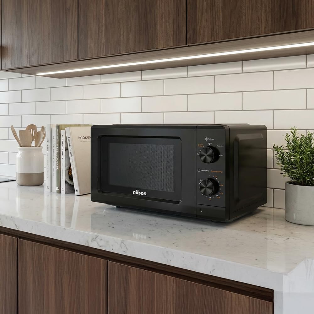 Nilson Micro-ondes, 19L, Installation Gratuite, Noir NMW2701N, 700W, 5 Programmes, Mécanique, Dégivrage, Revêtement intérieur, Nettoyage facile, Minuterie 30 Minutes