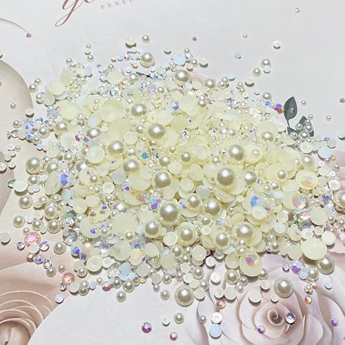 Miniatura 2 de Diamantes de imitación de resina mixta de 3.53 oz con parte trasera plana, perlas semicirculares, tamaños mixtos de 0.11 pulgadas a 0.394 pulgadas,