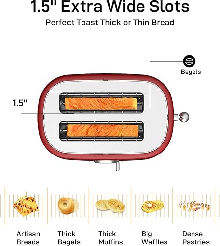 Miniatura 4 de Tostadora de 2 rebanadas con ranuras de 1.5 pulgadas de ancho y esfera de 6 sombras, apagado automático, elevación y aspecto, modo congelado para