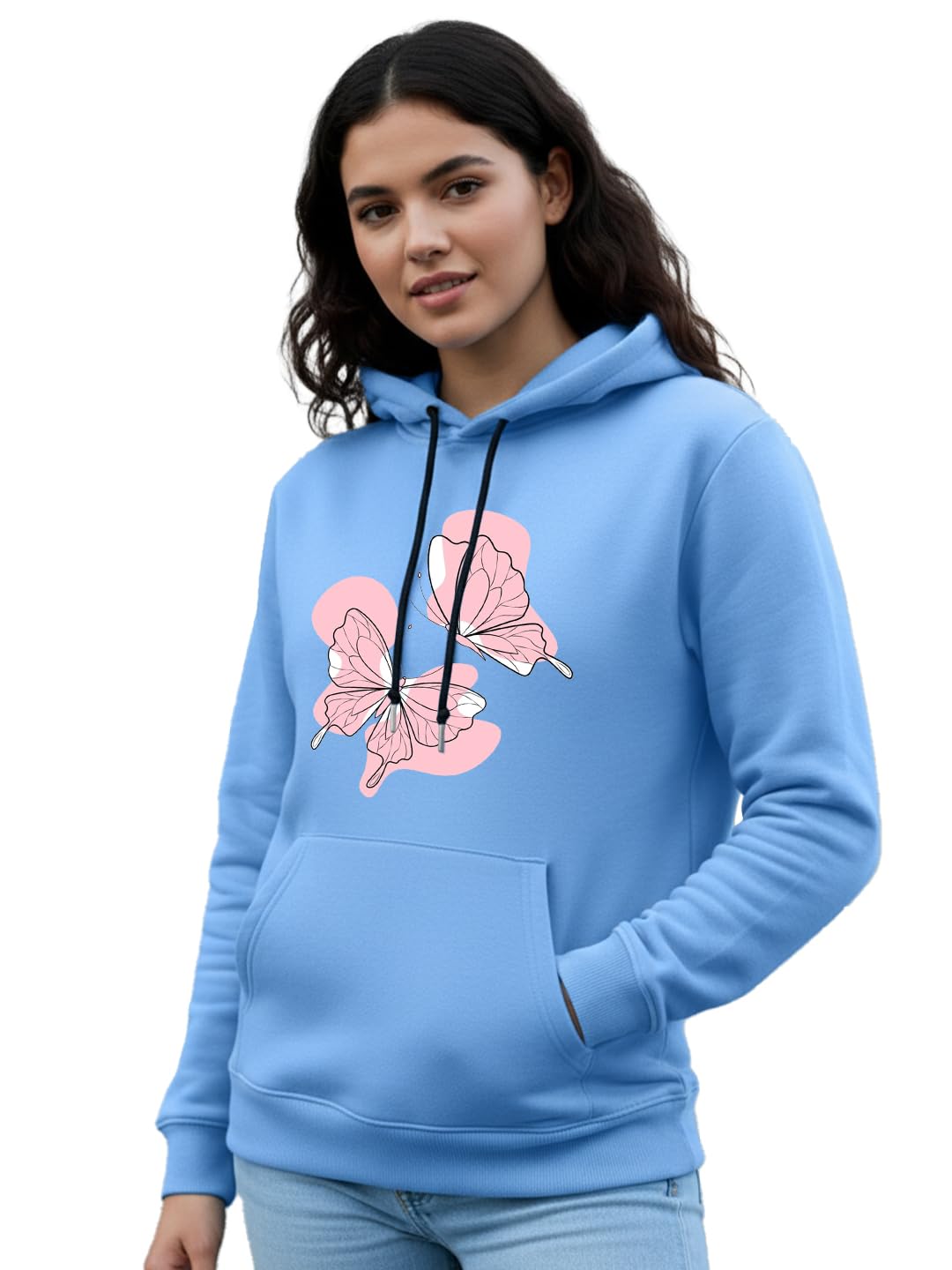 Women Butterfly Floral Graphic Printed Fleece Hooded Sweatshirt | Full Sleeve Winter Wear Hoodie Sky-Blue-image-44