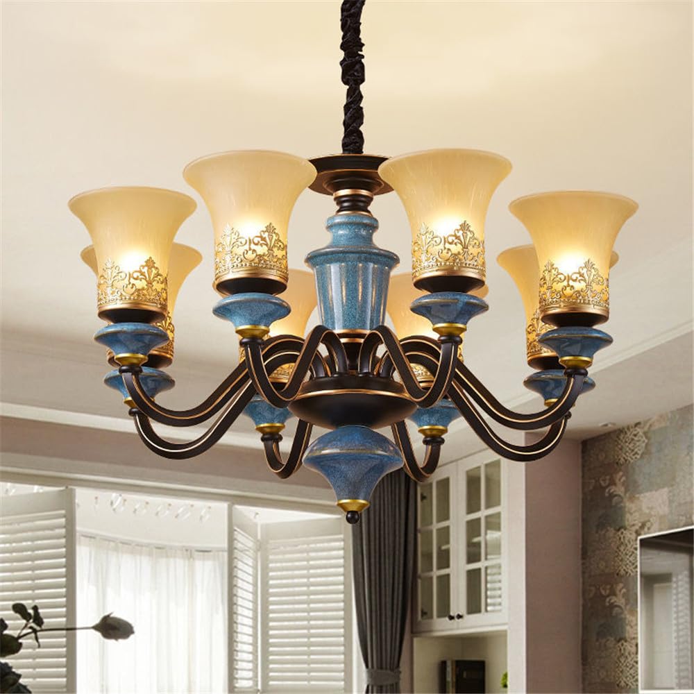 SXECAEPS European Luxury Living Room Chandelier American Retro Ceramic Restaurant Bedroom Study Hotel Villa Cafe LED Pendent Lamp (E 8 hts)
