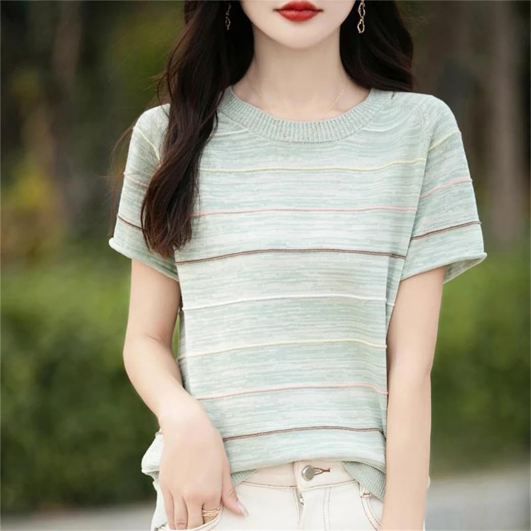 Camicetta estiva da donna in cotone a maniche corte casual a righe camicetta girocollo top pullover allentato t-shirt