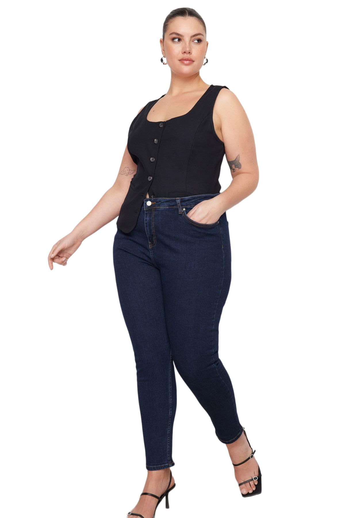 TRENDYOL Damen Plus Size High Waist Plus Size Jeans, Dunkelblau, 44 EU