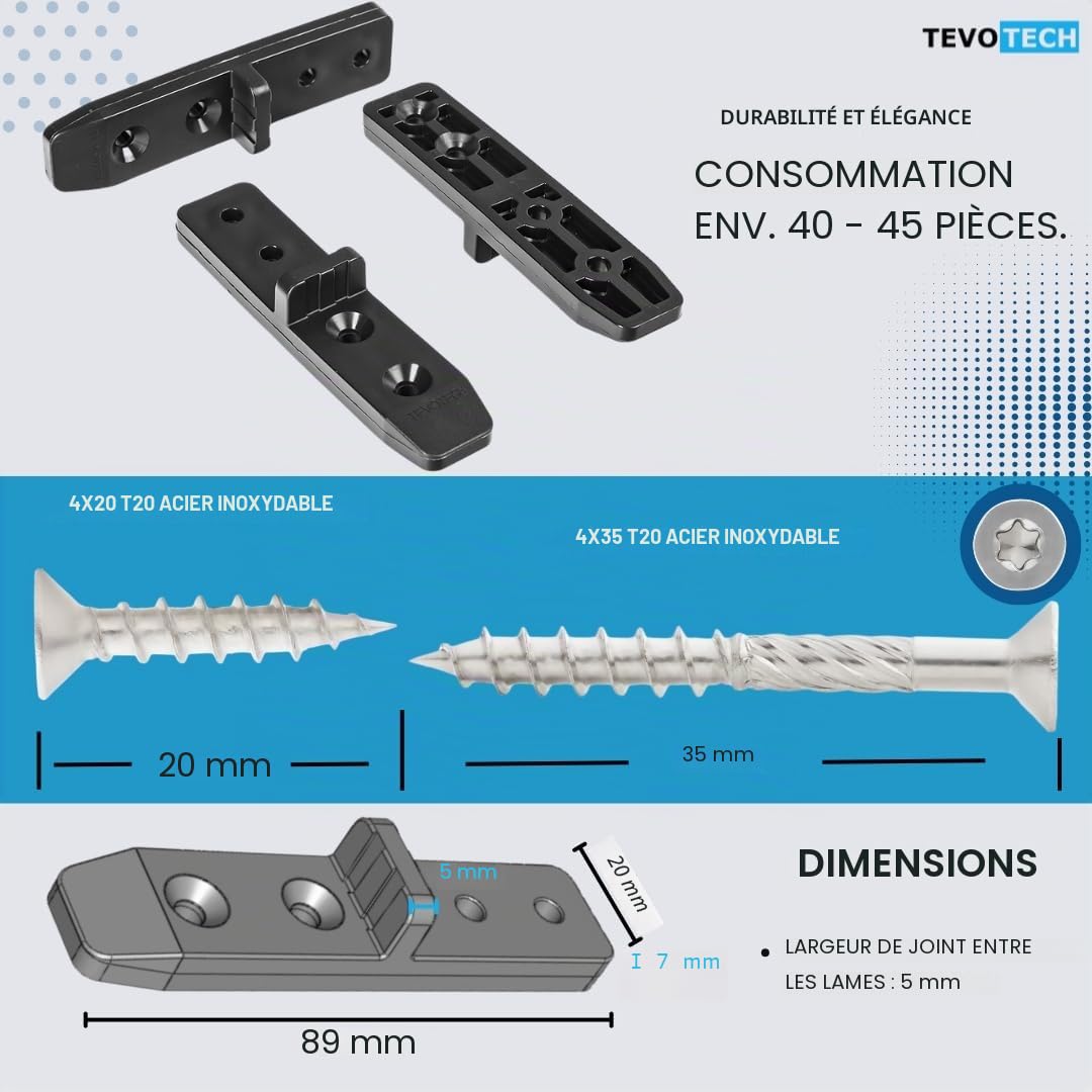 TEVOTECH Lot de 350 connecteurs terrasse avec vis, pour fixation invisibles des lames de bois et terrasse