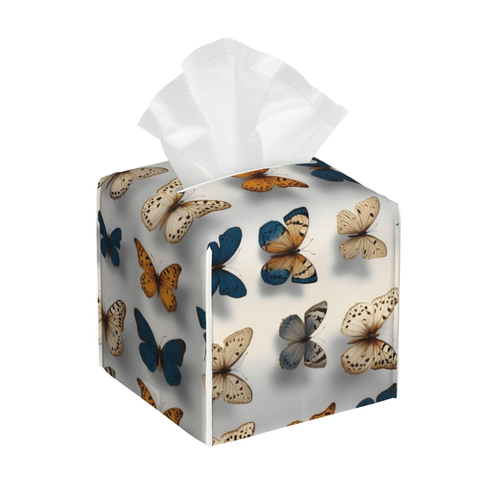 Minimalist Butterfly Print Tissue Box Cover Holder Square, Foldable Modern Cube Tissue Box Cover, Leather Decorative Organizer for Tabletop Bathroom Car Office Desk Decor
