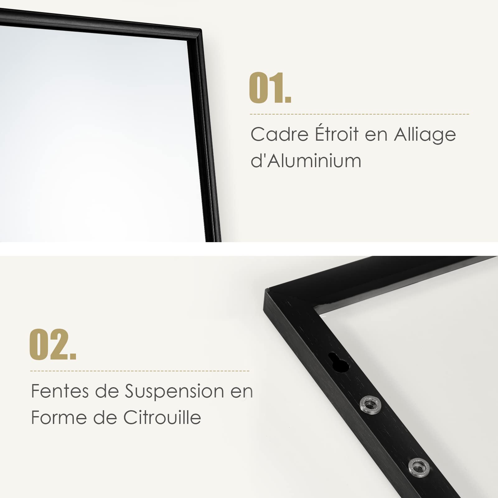 COSTWAY Miroir 120 x 37 cm Au-Dessus de la Porte, Miroir Pleine Longueur Cadre en Alliage d'Aluminium et Verre Incassable, Crochets pour Vestiaire Chambre Salon (Noir)
