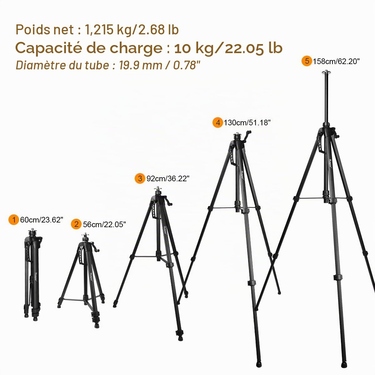 Huepar TPD16 Trépied en aluminium tête plate niveau laser poignée niveau à bulle filetage 5/8"-11 adaptateur 1/4"-20 sac de transport inclus