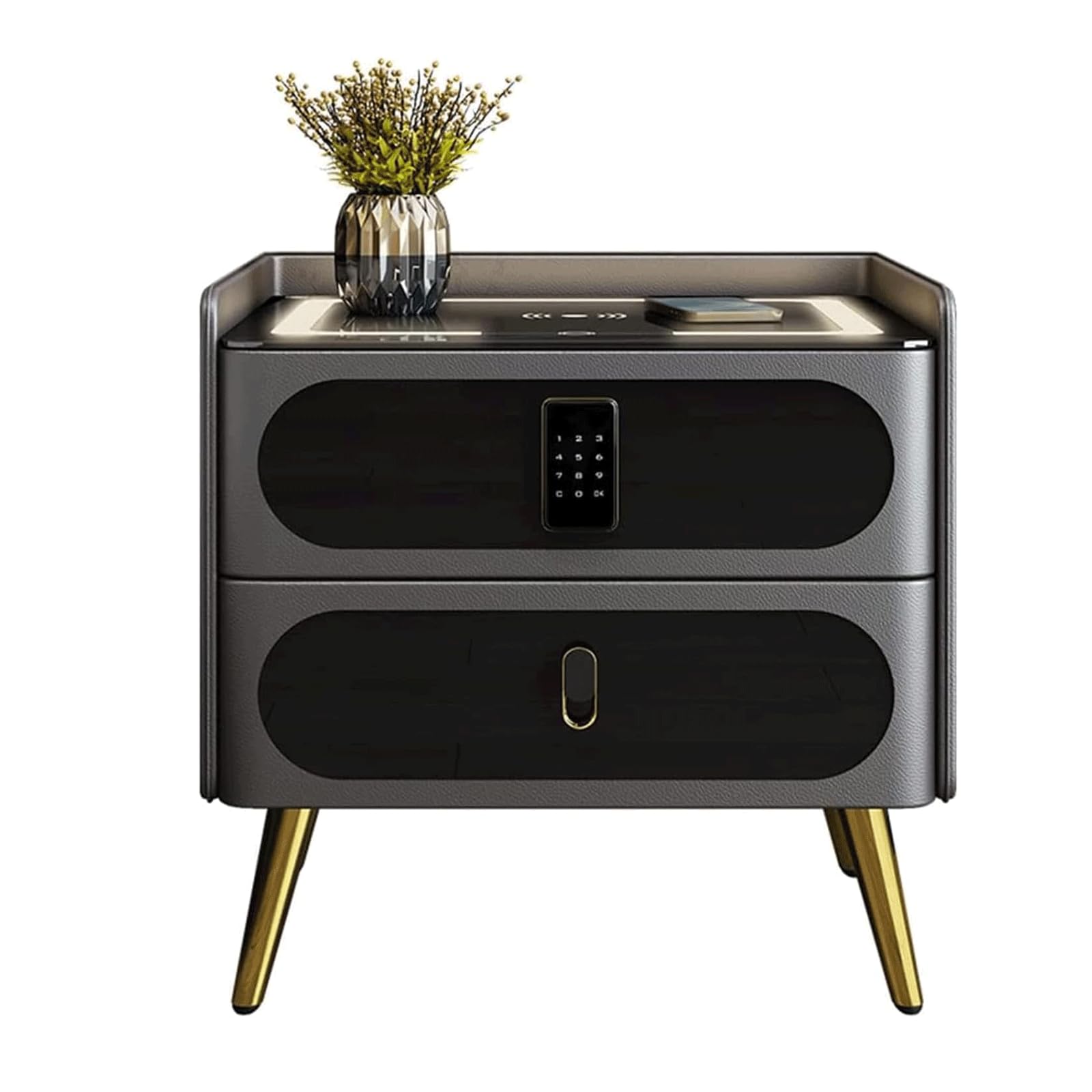 BHGFYXBS Nightstand Wood End Table Touch Led Light Bedside Table Wireless Charging 2 Drawers Combination Lock Glass Bedside Cabinet,40X40X50Cm,Size_Name-40X40X50Cm,size_name-40X40X50cm