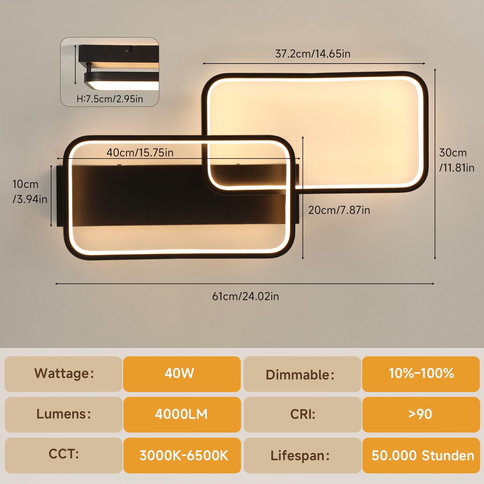 OTREN Lampa sufitowa LED 40 W, 4000 lm, regulowana za pomocą pilota 3000 K, 6500 K, pamięć i blokada, lampka nocna i timer do salonu, sypialni, kuchni, 61 cm, czarna
