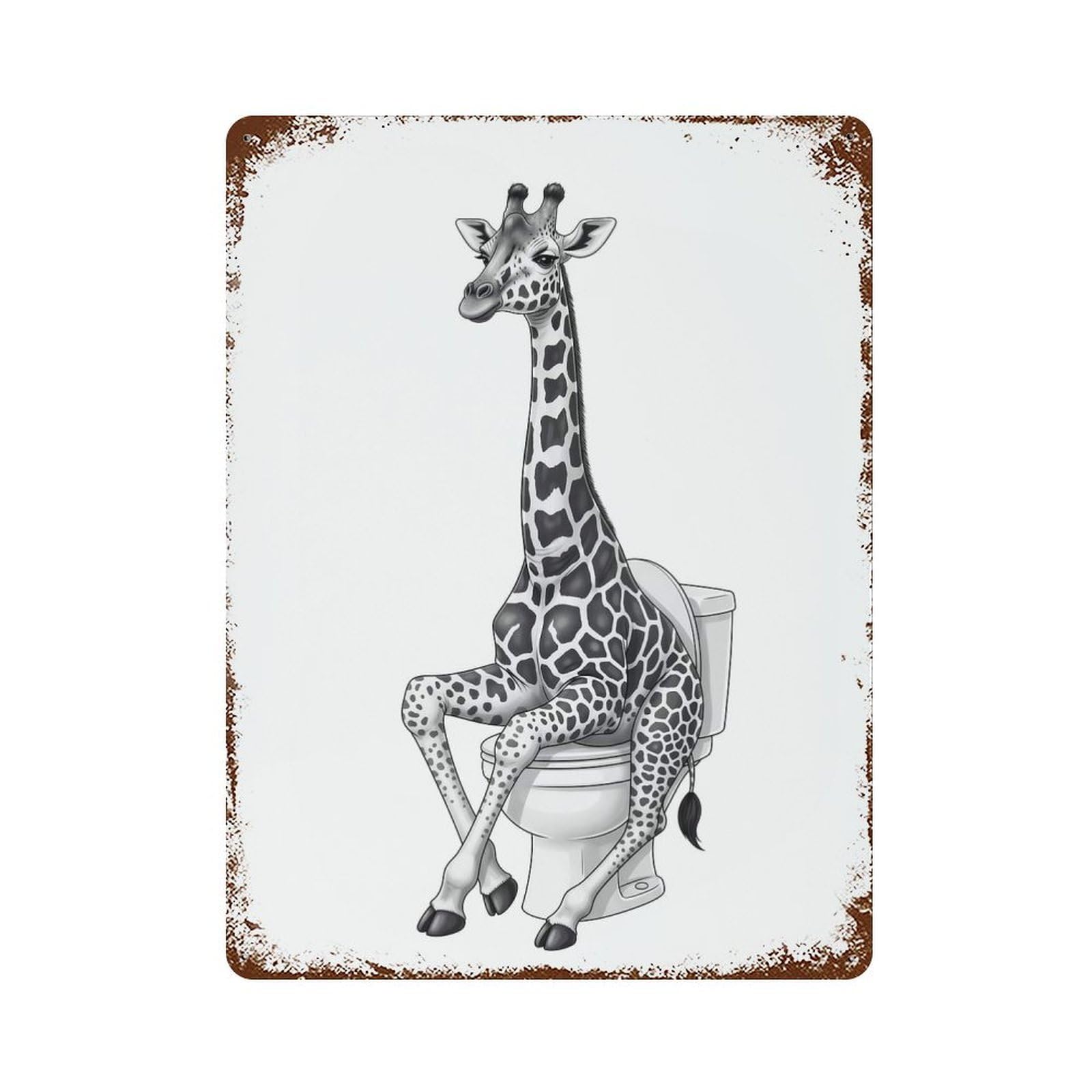 Garage Style Giraffe on Toilet Aged Metal Wall Plaque 15.7"x11.8", Vintage Wall Decor for Bar And Workshop