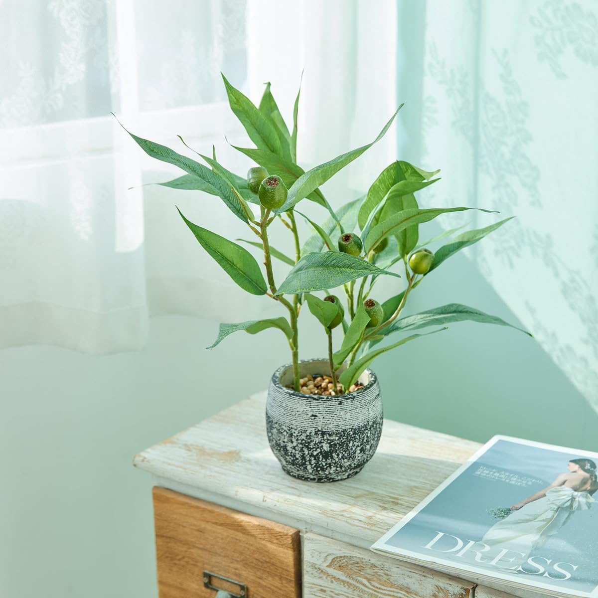 AlphaAcc 14 Inch Artificial Eucalyptus Stems Potted Fake Plants with Green Leaves and Fruits Faux Greenery Indoor Plant in Black and White Ceramic Planter for Home Office Desk and Table Decor