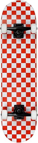 PRO - Patineta completa preconstruida con patrón de cuadros blanco/rojo, 7.75 pulgadas