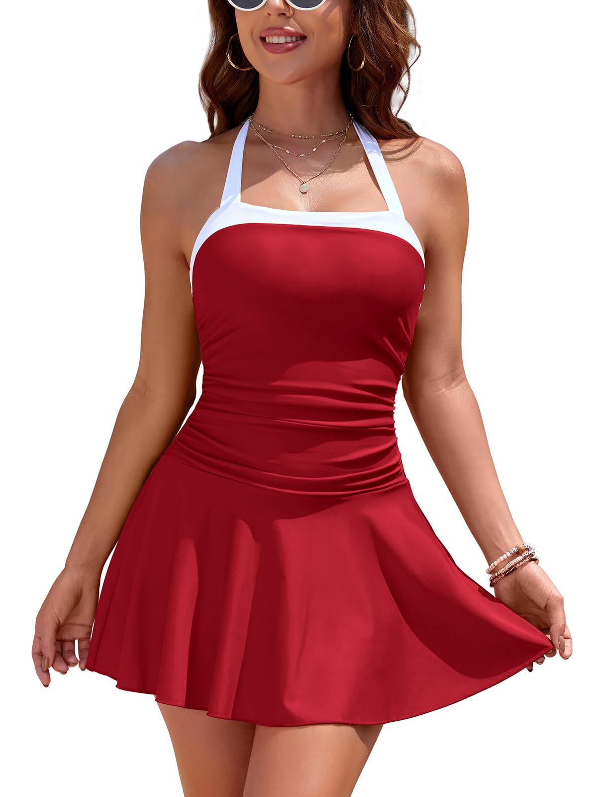 SHEKINI Costume da bagno intero da donna, con spalline e schiena scoperta, con gonna