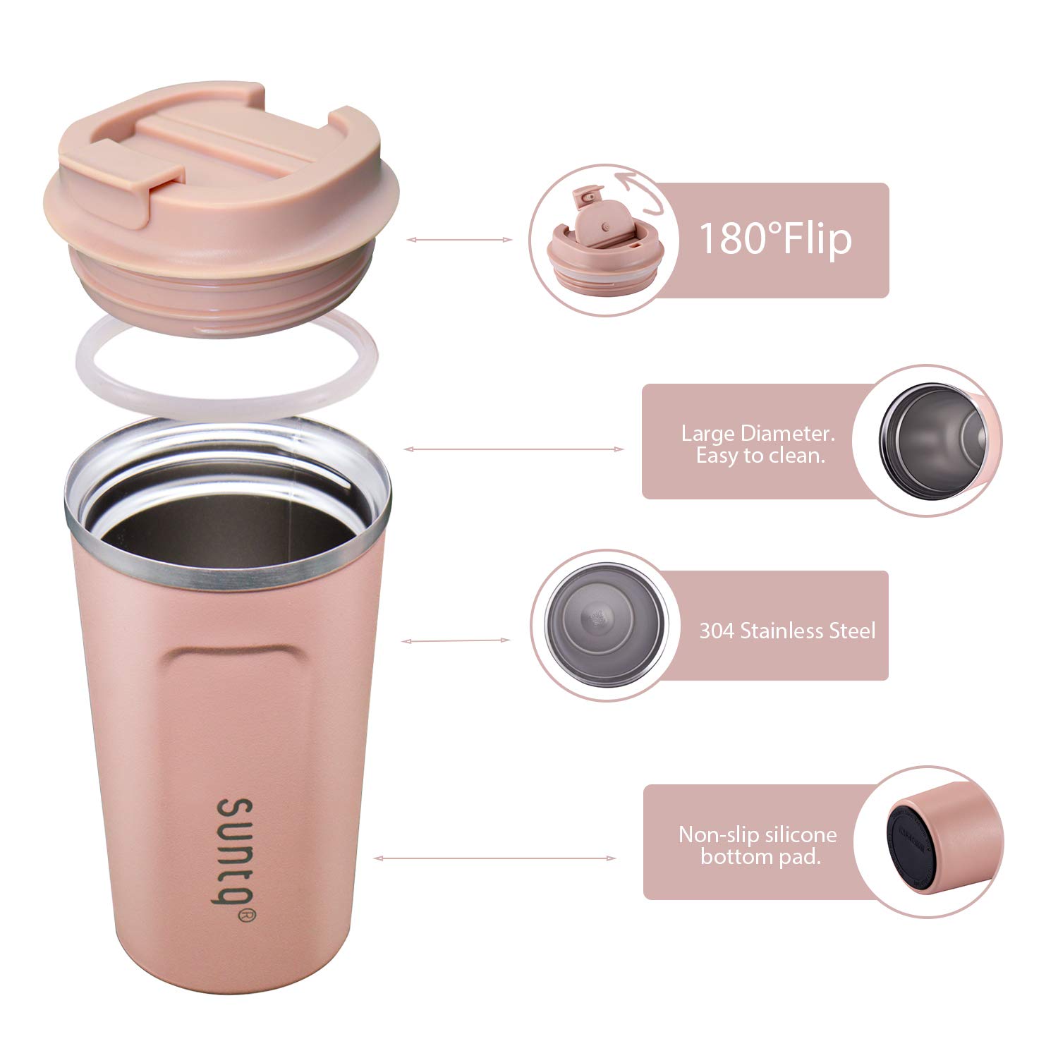 Tasse De Voyage Isotherme En Acier Inoxydable 380 Ml - Double Paroi, Couvercle étanche, Rose, écologique