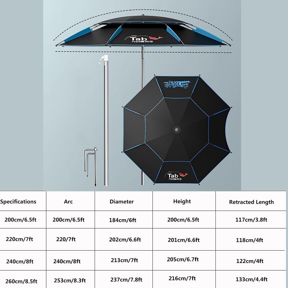 Okrągły Parasol Wędkarski, Wentylowany Daszek Przeciwsłoneczny z Ochroną UV, Uchylny Parasol Plażowy z Kotwicą Piaskową i Torbą Transportową(260cm/8.5ft)