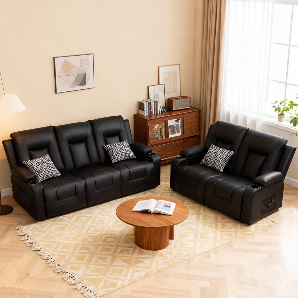 ComHoma Faux Leather Recliner Sofa Set with Cup Holders - 3-Seater Sofa, Loveseat & Armchair, Black Living Room Furniture
