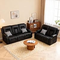 ComHoma Faux Leather Recliner Sofa Set with Cup Holders - 3-Seater Sofa, Loveseat & Armchair, Black Living Room Furniture
