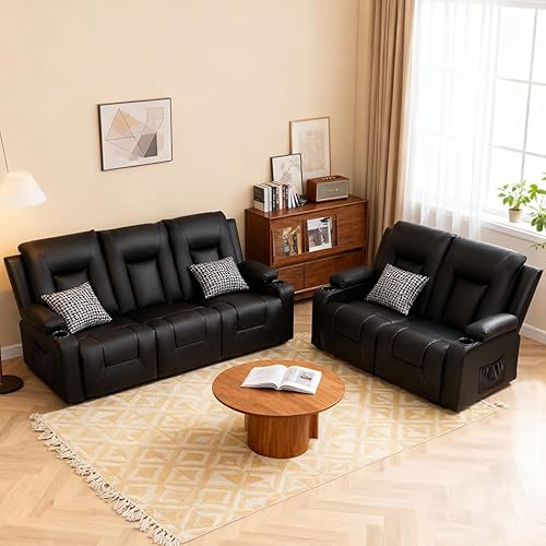 COMHOMA Living Room Furniture Set,Faux Leather Manual Recliner Sofa Sets with Cup Holders,Reclining Couch,Loveseat and Armchair,3+2,Black