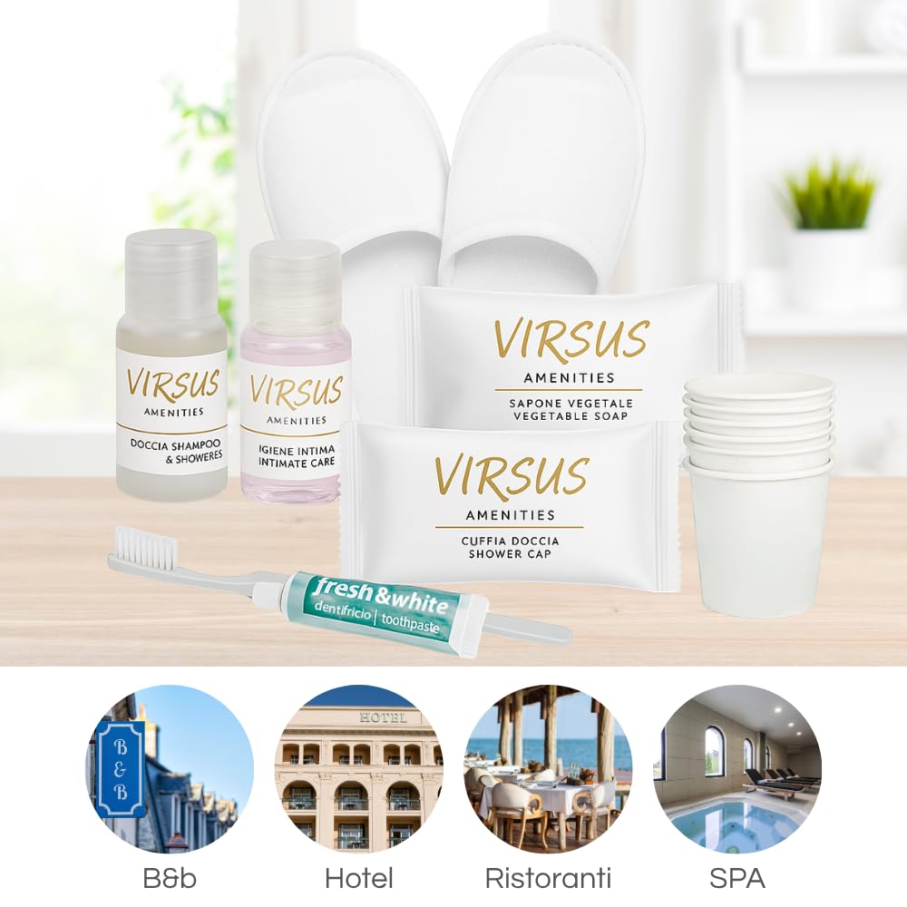 Virsus 290 Pezzi Kit Cortesia SUPERIOR: 50 Flaconi Igiene intima 20ml, 50 Flaconi Doccia Shampoo 20ml, 50 cuffie, 50 Saponette, 50 Bicchieri Imbustati, 20 Paia Pantofole, 20 Set Denti, Linea cortesia