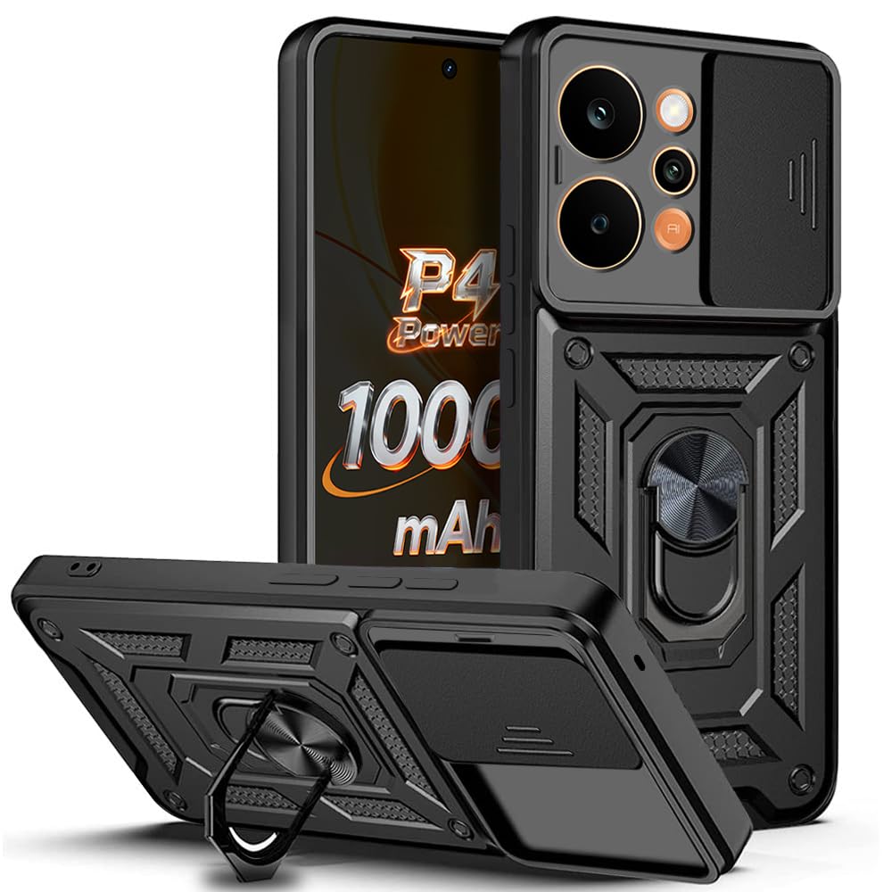 AESTMO Tough Armor Realme P4 Power 5G Bumper Back Case Cover | Ring Holder & Sliding Camera Shield Cover | 360 Degree Protection Back Case Cover for Realme P4 Power 5G (Black)-image-46
