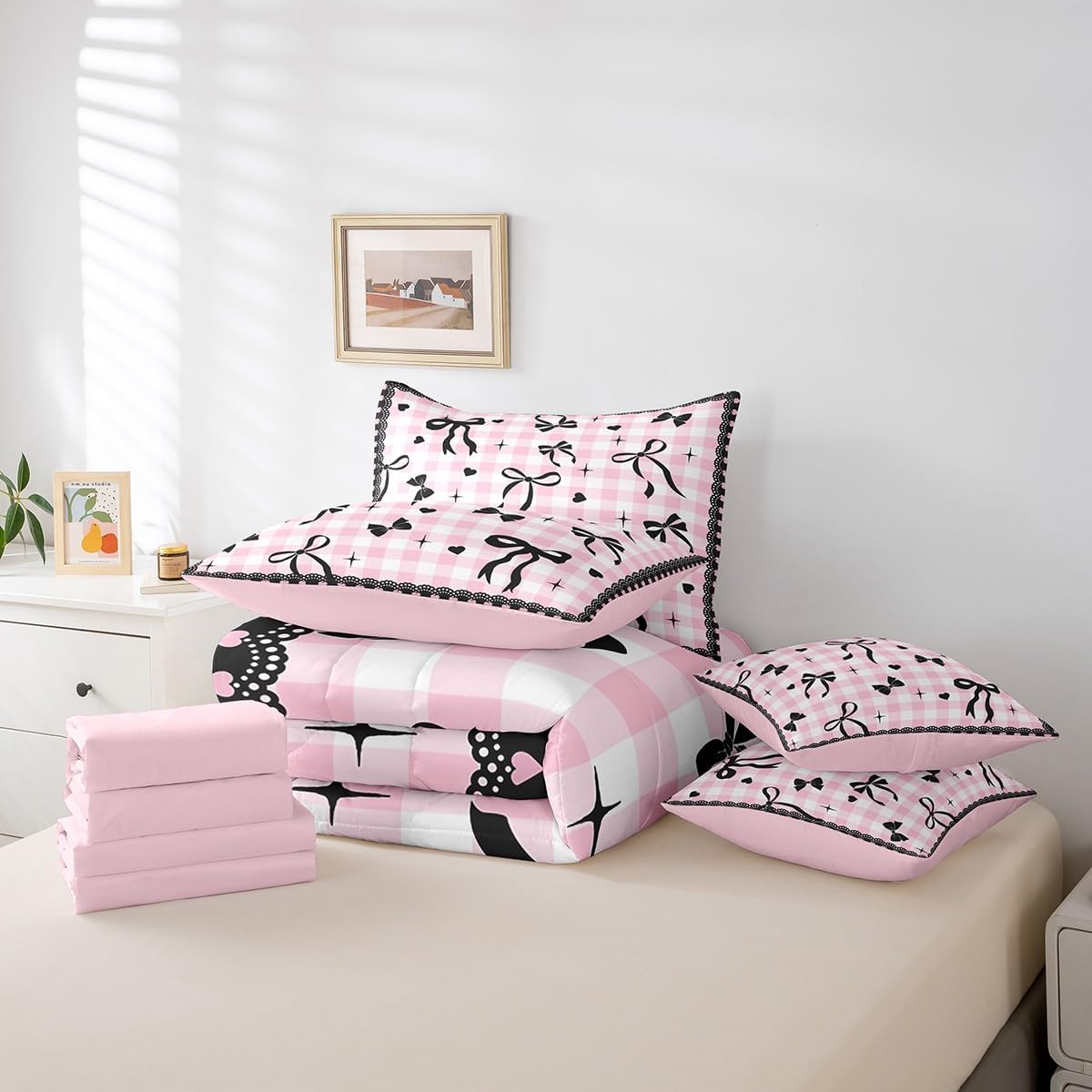 7 Pieces Black Bow Comforter Set Queen for Kids Girls Bowknot Bedding,White Pink Plaid Check for Young Woman,Sweet Love Lace Stripes Comforter+Fitted+Flat Sheet+2 Pillowcases+2 Throw Pillow Covers